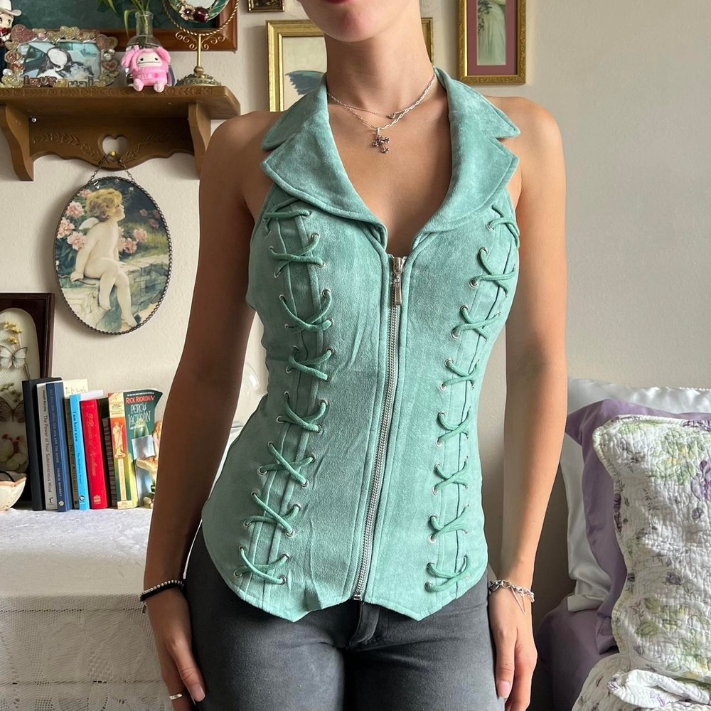 Lydia Turquoise Teal Biker Style Corset Halter Top with front zip up LARGE - Picture 3 of 5